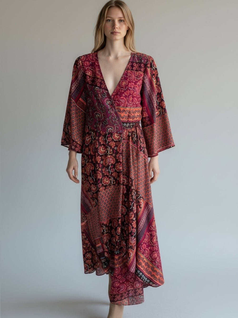 Japna Multicolor Wrap Dress Hi Low Skirt Bell Sleeve Size Medium